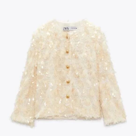 Zara SEQUIN JACKET cream bloggers favorite - size small - Picture 2 of 10
